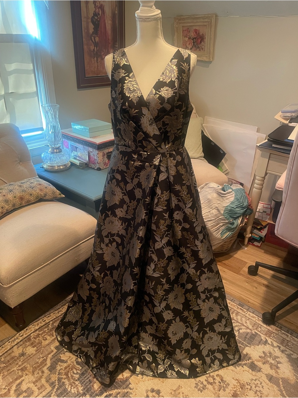 Adrianna Papell Gown Dark Blue and Gold Jacquard gown, 12